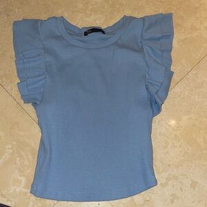 Blue ribbed Zara ruffle top